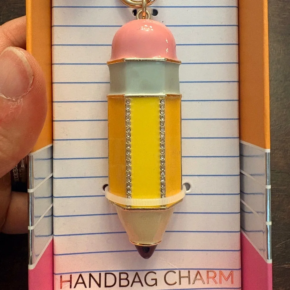 Pencil Handbag Charm Rhinestone Enamel Keychain Back to School Teacher Gift NIB